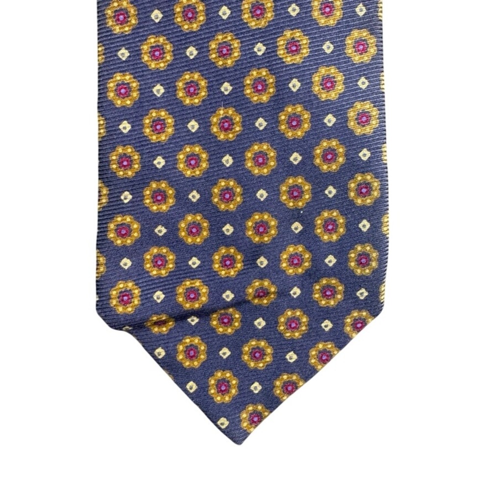 Ermenegildo Zegna Silk Tie Blue Gold Medallion Floral Geometric Made in Italy